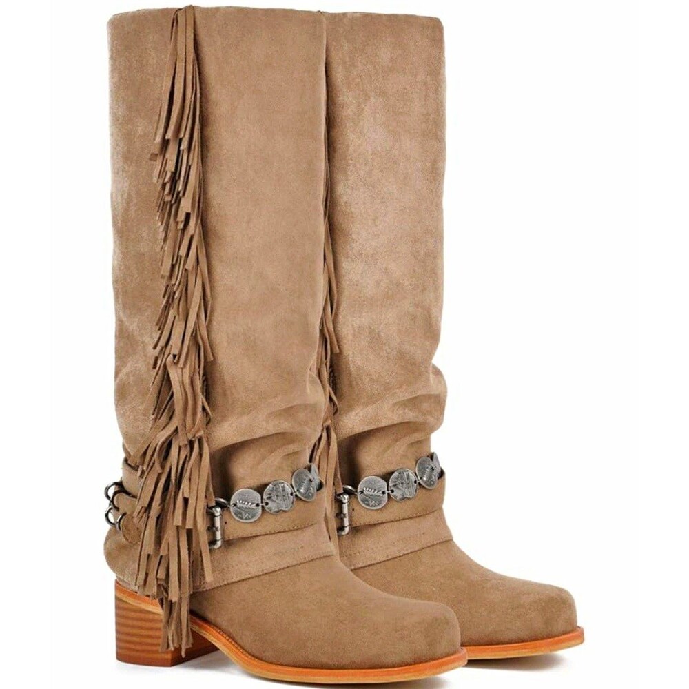 KISTANIA Women's Brown Suede Knee High Fringe Western Cowgirl Square Toe Boot 9